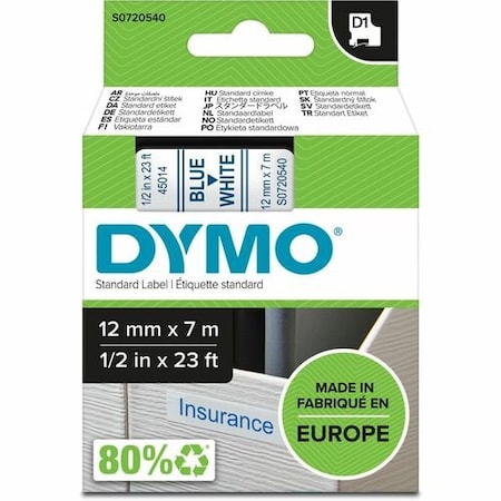 Dymo Label Tape, f/DYMO Labelmakers, 1/2inx23ft , Blue/White DYMS0720540